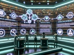 Futuristische digitale Bibliothek mit verschränkten neuronalen Netzwerken und klassischen Bücherregalen; transparente Datenströme mit Zitaten, Quellenlinks und Versionsnummern versorgen holografische Artikel. Menschen und Avatare kooperieren an Konsolen für Wissensgraphen, Vektorräume, Embeddings und RAG, umgeben von Sicherheits-, Lizenz- und Datenschutzsymbolen.