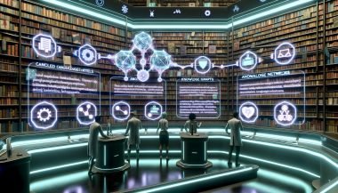 Futuristische digitale Bibliothek mit verschränkten neuronalen Netzwerken und klassischen Bücherregalen; transparente Datenströme mit Zitaten, Quellenlinks und Versionsnummern versorgen holografische Artikel. Menschen und Avatare kooperieren an Konsolen für Wissensgraphen, Vektorräume, Embeddings und RAG, umgeben von Sicherheits-, Lizenz- und Datenschutzsymbolen.