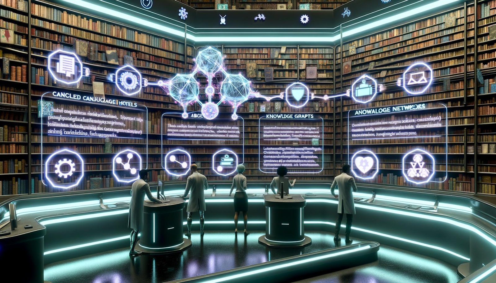 Futuristische digitale Bibliothek mit verschränkten neuronalen Netzwerken und klassischen Bücherregalen; transparente Datenströme mit Zitaten, Quellenlinks und Versionsnummern versorgen holografische Artikel. Menschen und Avatare kooperieren an Konsolen für Wissensgraphen, Vektorräume, Embeddings und RAG, umgeben von Sicherheits-, Lizenz- und Datenschutzsymbolen.
