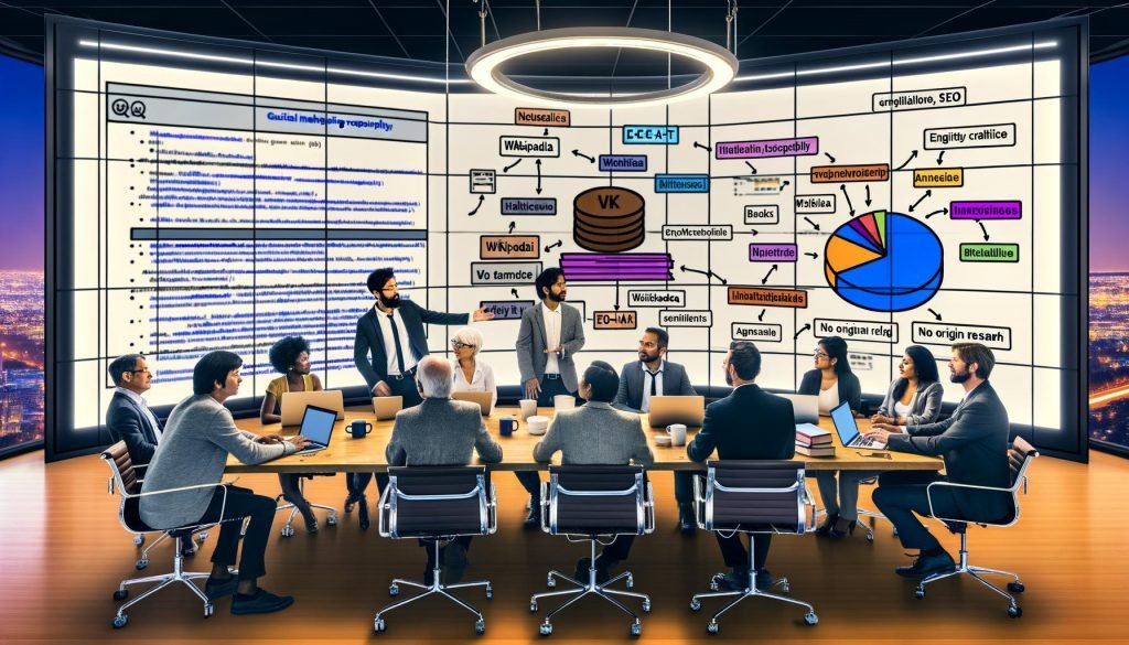 Moderner Redaktionsraum: Marketingfachleute und Wikipedia-Editoren an großem Tisch mit Laptops, Büchern und Kaffee; auf großem Bildschirm ein Wikipedia‑Entwurf zu Künstlicher Intelligenz mit digitalen Sticky Notes zu E‑E‑A‑T, Zitaten und Wikidata; Infografiken zeigen Verbindungen zwischen Wikipedia, Wikidata und Googles Knowledge Graph; an einer Glaswand Flowcharts zu Entity‑SEO, daneben ein Board mit „Neutralität, Verifizierbarkeit, keine Originalforschung“.