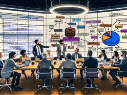 Moderner Redaktionsraum: Marketingfachleute und Wikipedia-Editoren an großem Tisch mit Laptops, Büchern und Kaffee; auf großem Bildschirm ein Wikipedia‑Entwurf zu Künstlicher Intelligenz mit digitalen Sticky Notes zu E‑E‑A‑T, Zitaten und Wikidata; Infografiken zeigen Verbindungen zwischen Wikipedia, Wikidata und Googles Knowledge Graph; an einer Glaswand Flowcharts zu Entity‑SEO, daneben ein Board mit „Neutralität, Verifizierbarkeit, keine Originalforschung“.