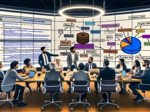 Moderner Redaktionsraum: Marketingfachleute und Wikipedia-Editoren an großem Tisch mit Laptops, Büchern und Kaffee; auf großem Bildschirm ein Wikipedia‑Entwurf zu Künstlicher Intelligenz mit digitalen Sticky Notes zu E‑E‑A‑T, Zitaten und Wikidata; Infografiken zeigen Verbindungen zwischen Wikipedia, Wikidata und Googles Knowledge Graph; an einer Glaswand Flowcharts zu Entity‑SEO, daneben ein Board mit „Neutralität, Verifizierbarkeit, keine Originalforschung“.