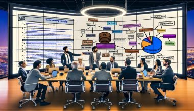 Moderner Redaktionsraum: Marketingfachleute und Wikipedia-Editoren an großem Tisch mit Laptops, Büchern und Kaffee; auf großem Bildschirm ein Wikipedia‑Entwurf zu Künstlicher Intelligenz mit digitalen Sticky Notes zu E‑E‑A‑T, Zitaten und Wikidata; Infografiken zeigen Verbindungen zwischen Wikipedia, Wikidata und Googles Knowledge Graph; an einer Glaswand Flowcharts zu Entity‑SEO, daneben ein Board mit „Neutralität, Verifizierbarkeit, keine Originalforschung“.