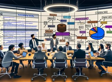 Moderner Redaktionsraum: Marketingfachleute und Wikipedia-Editoren an großem Tisch mit Laptops, Büchern und Kaffee; auf großem Bildschirm ein Wikipedia‑Entwurf zu Künstlicher Intelligenz mit digitalen Sticky Notes zu E‑E‑A‑T, Zitaten und Wikidata; Infografiken zeigen Verbindungen zwischen Wikipedia, Wikidata und Googles Knowledge Graph; an einer Glaswand Flowcharts zu Entity‑SEO, daneben ein Board mit „Neutralität, Verifizierbarkeit, keine Originalforschung“.