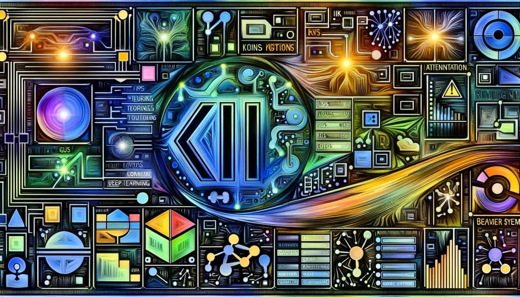 Vielschichtige digitale Illustration der KI: großes „KI“ im Leiterplatten-Design, If-Then-Regeln, neuronale Netze, ML/DL-Icons, Token, Transformer-Attention, Serverracks, GPUs, Cloud und DSGVO-/Compliance-Symbole.