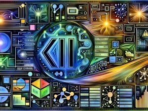 Vielschichtige digitale Illustration der KI: großes „KI“ im Leiterplatten-Design, If-Then-Regeln, neuronale Netze, ML/DL-Icons, Token, Transformer-Attention, Serverracks, GPUs, Cloud und DSGVO-/Compliance-Symbole.