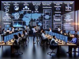 Großes, modernes Büro mit Data- und ML-Teams vor Bildschirmen mit Datenvisualisierungen, Code und KPI-Dashboards; leuchtende Pipeline von Rohdaten über Feature Engineering und Auto-Training bis zur API-Bereitstellung mit Security, Observability und Kostenkontrolle; Glaswände mit Flowcharts und agilen Boards.