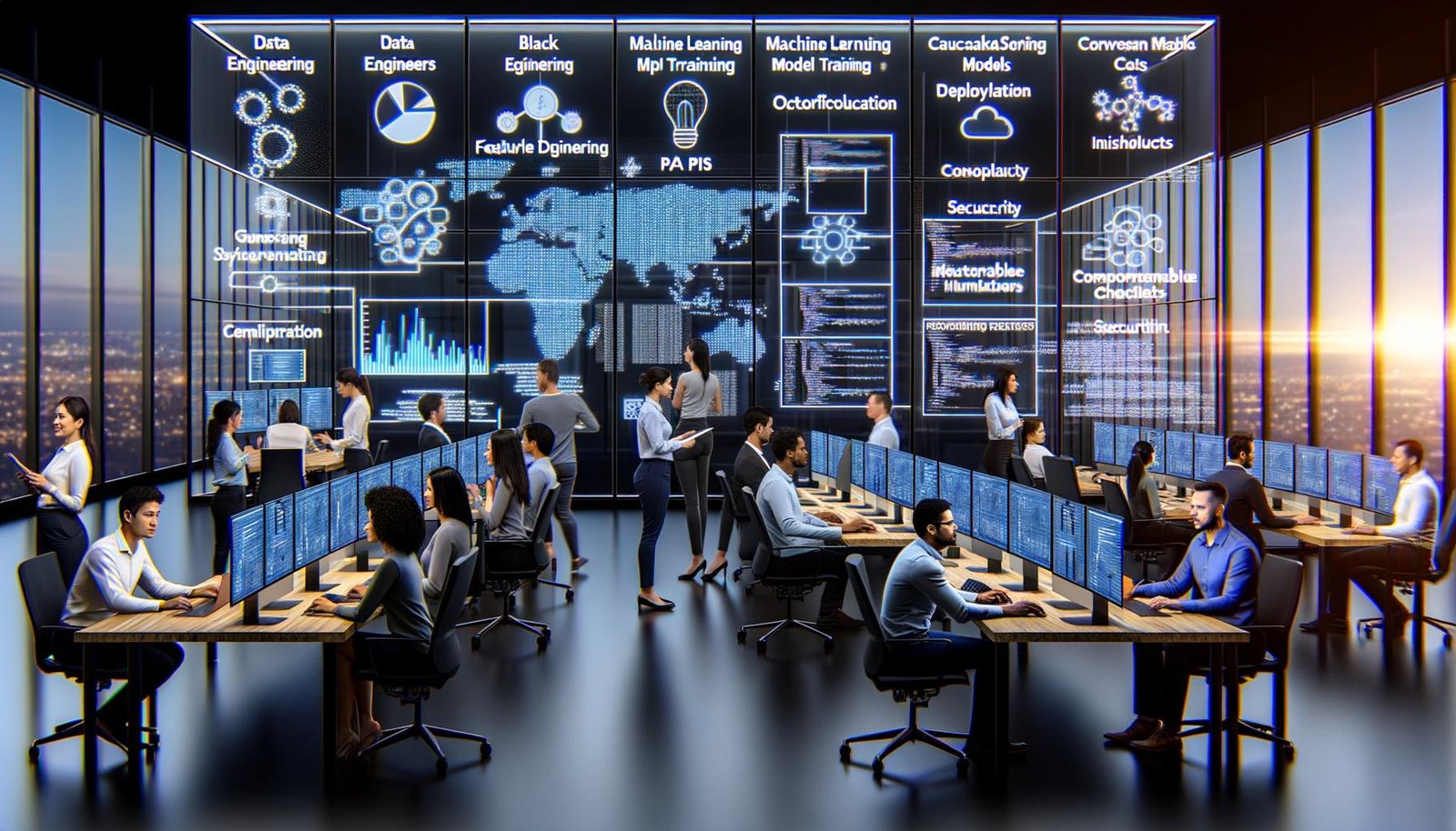 Großes, modernes Büro mit Data- und ML-Teams vor Bildschirmen mit Datenvisualisierungen, Code und KPI-Dashboards; leuchtende Pipeline von Rohdaten über Feature Engineering und Auto-Training bis zur API-Bereitstellung mit Security, Observability und Kostenkontrolle; Glaswände mit Flowcharts und agilen Boards.
