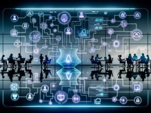 Ultramoderner Arbeitsplatz mit schwebendem Smartphone über digitaler Oberfläche; Screen mit Datenpipelines, neuronalen Netzdiagrammen und verschmelzenden App-Icons; holografische Analysen, Nutzerprofile, generative Inhalte und Sicherheitssymbole; diverse Marketingprofis mit AR-Brillen, Tablets und Laptops.