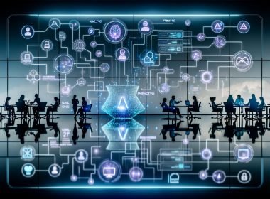 Ultramoderner Arbeitsplatz mit schwebendem Smartphone über digitaler Oberfläche; Screen mit Datenpipelines, neuronalen Netzdiagrammen und verschmelzenden App-Icons; holografische Analysen, Nutzerprofile, generative Inhalte und Sicherheitssymbole; diverse Marketingprofis mit AR-Brillen, Tablets und Laptops.
