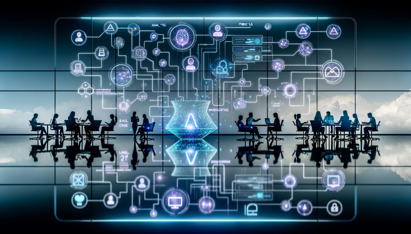 Ultramoderner Arbeitsplatz mit schwebendem Smartphone über digitaler Oberfläche; Screen mit Datenpipelines, neuronalen Netzdiagrammen und verschmelzenden App-Icons; holografische Analysen, Nutzerprofile, generative Inhalte und Sicherheitssymbole; diverse Marketingprofis mit AR-Brillen, Tablets und Laptops.