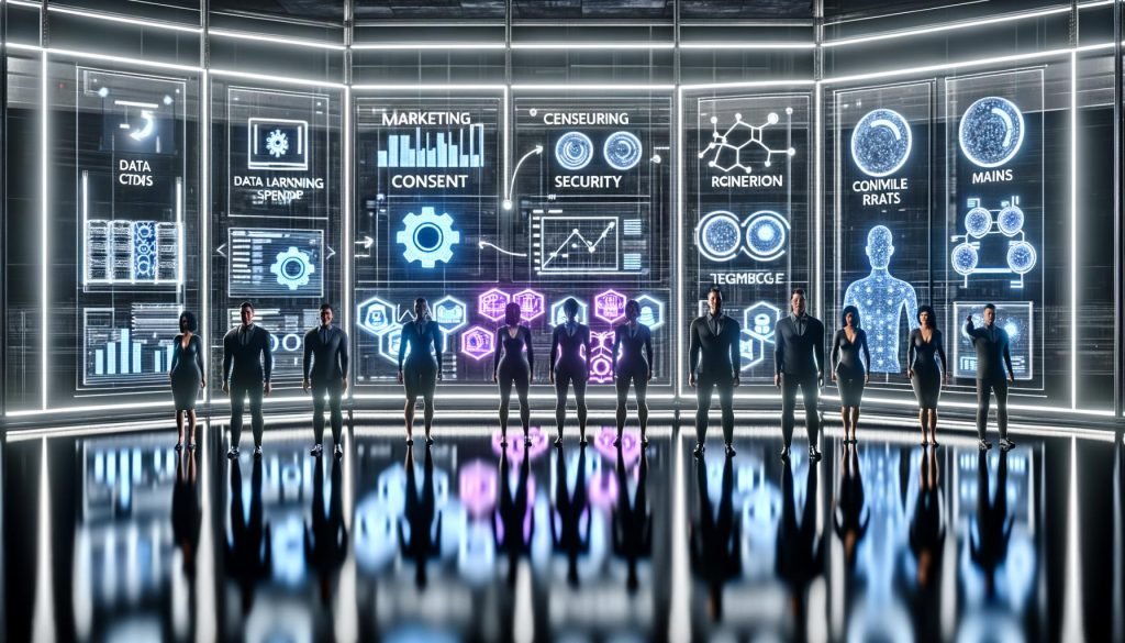 Futuristischer Kontrollraum mit Marketing-, Data- und Engineering-Profis um ein transparentes digitales Dashboard mit Datenflüssen, KI-Modelldiagrammen, ROAS und Conversion Rate; im Hintergrund leuchtende MLOps-Pipelines und Server sowie Icons für Consent, Security und Data Contracts; sichtbare Hinweise auf Prompt-Engineering (Code-Snippets, Prompt-Karten) und Fine-Tuning (Modell-Regler).