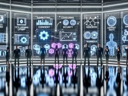 Futuristischer Kontrollraum mit Marketing-, Data- und Engineering-Profis um ein transparentes digitales Dashboard mit Datenflüssen, KI-Modelldiagrammen, ROAS und Conversion Rate; im Hintergrund leuchtende MLOps-Pipelines und Server sowie Icons für Consent, Security und Data Contracts; sichtbare Hinweise auf Prompt-Engineering (Code-Snippets, Prompt-Karten) und Fine-Tuning (Modell-Regler).