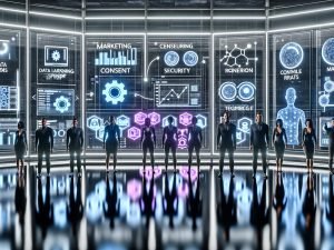 Futuristischer Kontrollraum mit Marketing-, Data- und Engineering-Profis um ein transparentes digitales Dashboard mit Datenflüssen, KI-Modelldiagrammen, ROAS und Conversion Rate; im Hintergrund leuchtende MLOps-Pipelines und Server sowie Icons für Consent, Security und Data Contracts; sichtbare Hinweise auf Prompt-Engineering (Code-Snippets, Prompt-Karten) und Fine-Tuning (Modell-Regler).