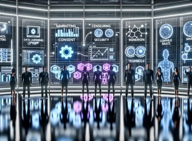 Futuristischer Kontrollraum mit Marketing-, Data- und Engineering-Profis um ein transparentes digitales Dashboard mit Datenflüssen, KI-Modelldiagrammen, ROAS und Conversion Rate; im Hintergrund leuchtende MLOps-Pipelines und Server sowie Icons für Consent, Security und Data Contracts; sichtbare Hinweise auf Prompt-Engineering (Code-Snippets, Prompt-Karten) und Fine-Tuning (Modell-Regler).