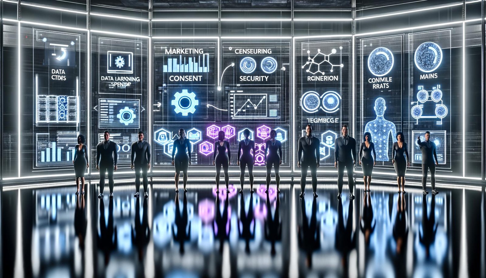 Futuristischer Kontrollraum mit Marketing-, Data- und Engineering-Profis um ein transparentes digitales Dashboard mit Datenflüssen, KI-Modelldiagrammen, ROAS und Conversion Rate; im Hintergrund leuchtende MLOps-Pipelines und Server sowie Icons für Consent, Security und Data Contracts; sichtbare Hinweise auf Prompt-Engineering (Code-Snippets, Prompt-Karten) und Fine-Tuning (Modell-Regler).