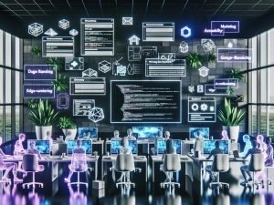 Futuristisches Büro mit Designer:innen und Entwickler:innen an großen Monitoren mit Wireframes, ML-Dashboards, Datenvisualisierungen und schwebenden UI-Elementen; LLM, RAG, Edge-Rendering, EEAT und Accessibility als Hologramme.