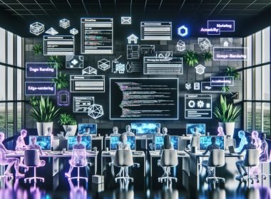 Futuristisches Büro mit Designer:innen und Entwickler:innen an großen Monitoren mit Wireframes, ML-Dashboards, Datenvisualisierungen und schwebenden UI-Elementen; LLM, RAG, Edge-Rendering, EEAT und Accessibility als Hologramme.