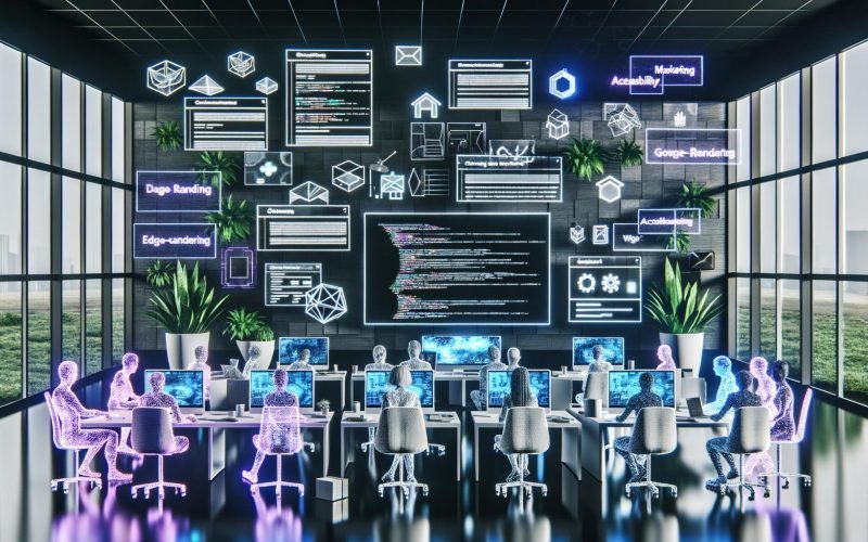 Futuristisches Büro mit Designer:innen und Entwickler:innen an großen Monitoren mit Wireframes, ML-Dashboards, Datenvisualisierungen und schwebenden UI-Elementen; LLM, RAG, Edge-Rendering, EEAT und Accessibility als Hologramme.