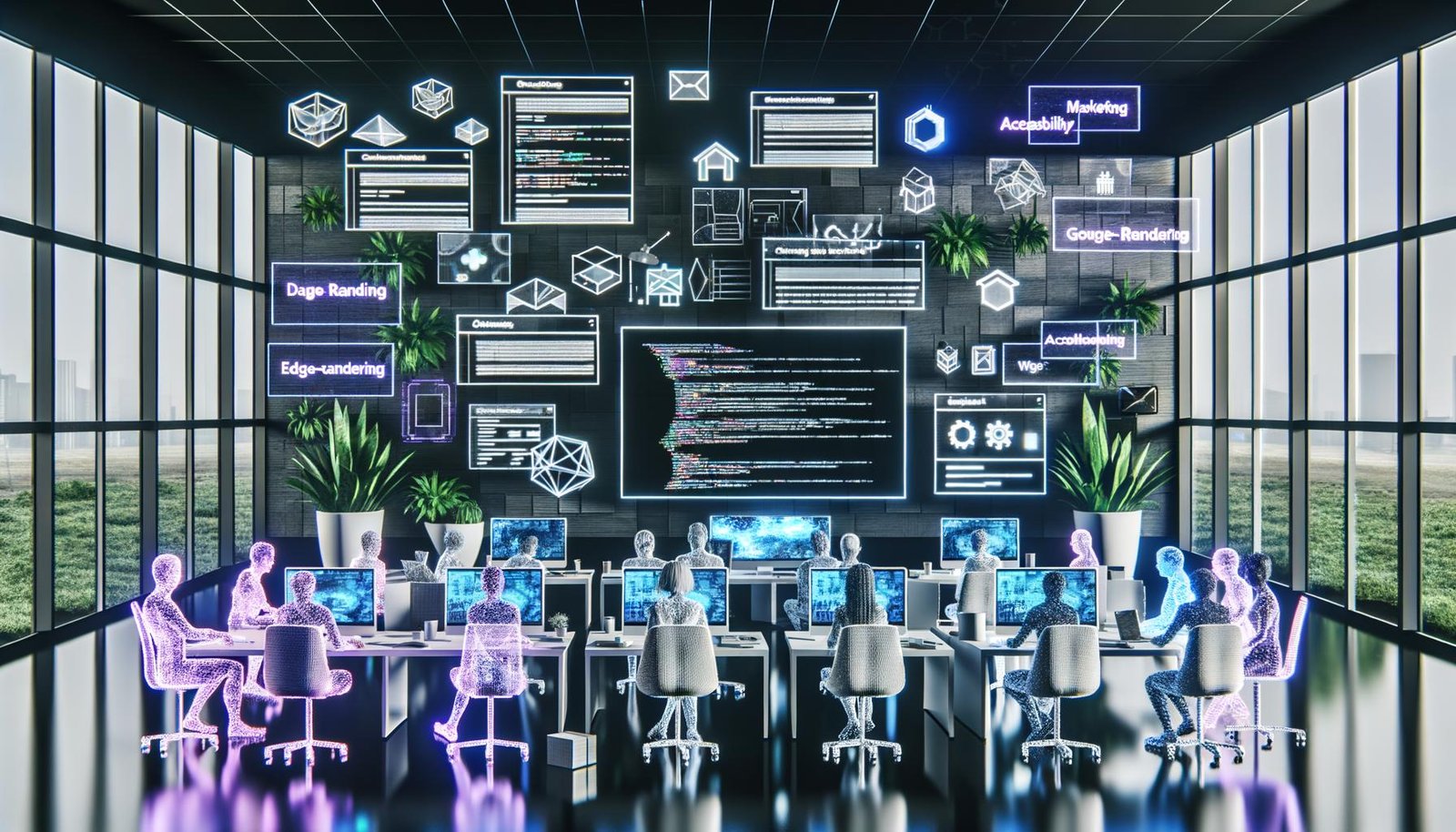 Futuristisches Büro mit Designer:innen und Entwickler:innen an großen Monitoren mit Wireframes, ML-Dashboards, Datenvisualisierungen und schwebenden UI-Elementen; LLM, RAG, Edge-Rendering, EEAT und Accessibility als Hologramme.