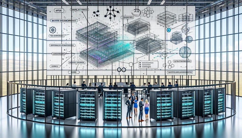 Futuristisches, glasummanteltes Büro: diverse Ingenieur:innen und Business-Profis arbeiten an Bildschirmen mit Modellarchitekturen, Echtzeit-MLOps- und Kostenmetriken; transparente Server mit GPU-Clustern und Glasfaser; Flowcharts des KI-Stacks (Datenpipelines, Warehouses, Vektor-Datenbanken, Orchestrierung, Compliance, APIs, Branchen-Apps); Icons für DSGVO, EU AI Act, Quantisierung und Telemetrie; nüchterne, skalierungsorientierte Atmosphäre.