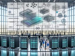 Futuristisches, glasummanteltes Büro: diverse Ingenieur:innen und Business-Profis arbeiten an Bildschirmen mit Modellarchitekturen, Echtzeit-MLOps- und Kostenmetriken; transparente Server mit GPU-Clustern und Glasfaser; Flowcharts des KI-Stacks (Datenpipelines, Warehouses, Vektor-Datenbanken, Orchestrierung, Compliance, APIs, Branchen-Apps); Icons für DSGVO, EU AI Act, Quantisierung und Telemetrie; nüchterne, skalierungsorientierte Atmosphäre.