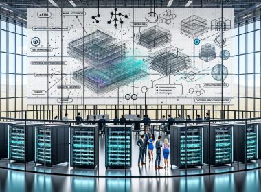 Futuristisches, glasummanteltes Büro: diverse Ingenieur:innen und Business-Profis arbeiten an Bildschirmen mit Modellarchitekturen, Echtzeit-MLOps- und Kostenmetriken; transparente Server mit GPU-Clustern und Glasfaser; Flowcharts des KI-Stacks (Datenpipelines, Warehouses, Vektor-Datenbanken, Orchestrierung, Compliance, APIs, Branchen-Apps); Icons für DSGVO, EU AI Act, Quantisierung und Telemetrie; nüchterne, skalierungsorientierte Atmosphäre.