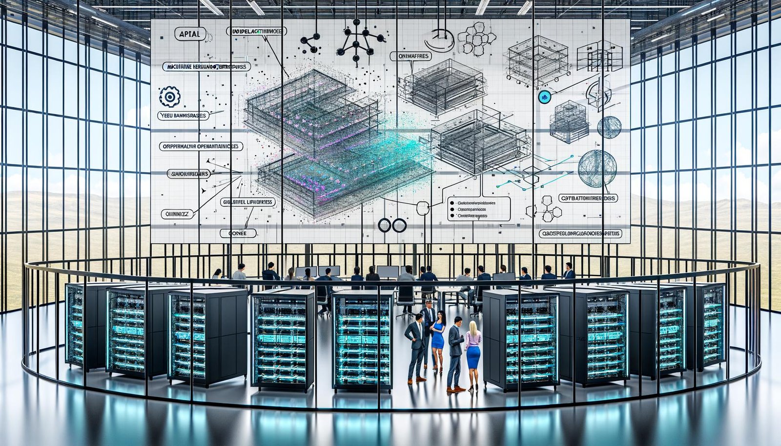 Futuristisches, glasummanteltes Büro: diverse Ingenieur:innen und Business-Profis arbeiten an Bildschirmen mit Modellarchitekturen, Echtzeit-MLOps- und Kostenmetriken; transparente Server mit GPU-Clustern und Glasfaser; Flowcharts des KI-Stacks (Datenpipelines, Warehouses, Vektor-Datenbanken, Orchestrierung, Compliance, APIs, Branchen-Apps); Icons für DSGVO, EU AI Act, Quantisierung und Telemetrie; nüchterne, skalierungsorientierte Atmosphäre.