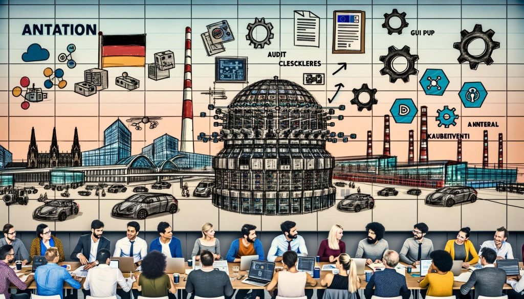 Tech-Profis in deutschem Büro vor Bildschirmen mit Datenpipelines, KI-Modellen und Compliance-Dashboards; GPU-Cluster, Kubernetes sowie Stadt-Landmarken und Industrie-Motive im Hintergrund.