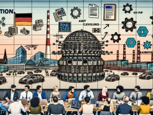 Tech-Profis in deutschem Büro vor Bildschirmen mit Datenpipelines, KI-Modellen und Compliance-Dashboards; GPU-Cluster, Kubernetes sowie Stadt-Landmarken und Industrie-Motive im Hintergrund.