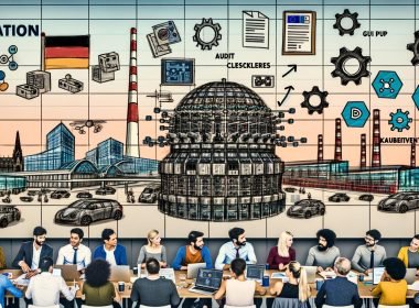 Tech-Profis in deutschem Büro vor Bildschirmen mit Datenpipelines, KI-Modellen und Compliance-Dashboards; GPU-Cluster, Kubernetes sowie Stadt-Landmarken und Industrie-Motive im Hintergrund.
