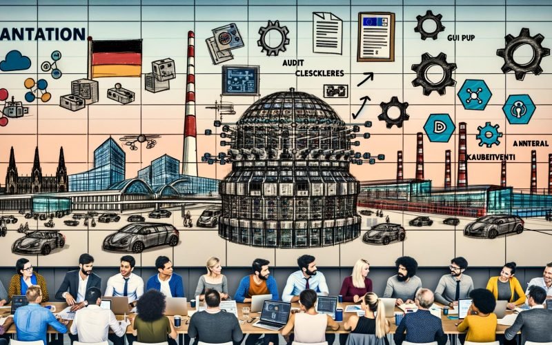 Tech-Profis in deutschem Büro vor Bildschirmen mit Datenpipelines, KI-Modellen und Compliance-Dashboards; GPU-Cluster, Kubernetes sowie Stadt-Landmarken und Industrie-Motive im Hintergrund.