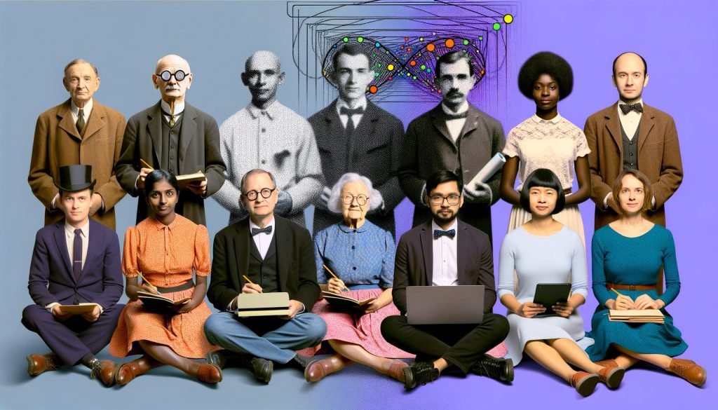 Collageartiges Porträt: KI-Pioniere Turing, McCarthy, Minsky, Shannon, Rosenblatt vorn; dahinter Hinton, LeCun, Bengio. Staffelübergabe mit neuronalen Netzwerkstrukturen, Datenströmen und GPUs.