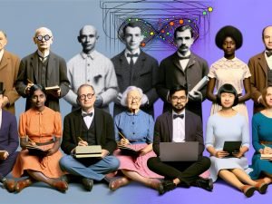 Collageartiges Porträt: KI-Pioniere Turing, McCarthy, Minsky, Shannon, Rosenblatt vorn; dahinter Hinton, LeCun, Bengio. Staffelübergabe mit neuronalen Netzwerkstrukturen, Datenströmen und GPUs.