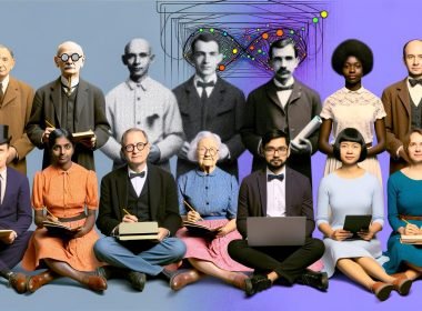 Collageartiges Porträt: KI-Pioniere Turing, McCarthy, Minsky, Shannon, Rosenblatt vorn; dahinter Hinton, LeCun, Bengio. Staffelübergabe mit neuronalen Netzwerkstrukturen, Datenströmen und GPUs.