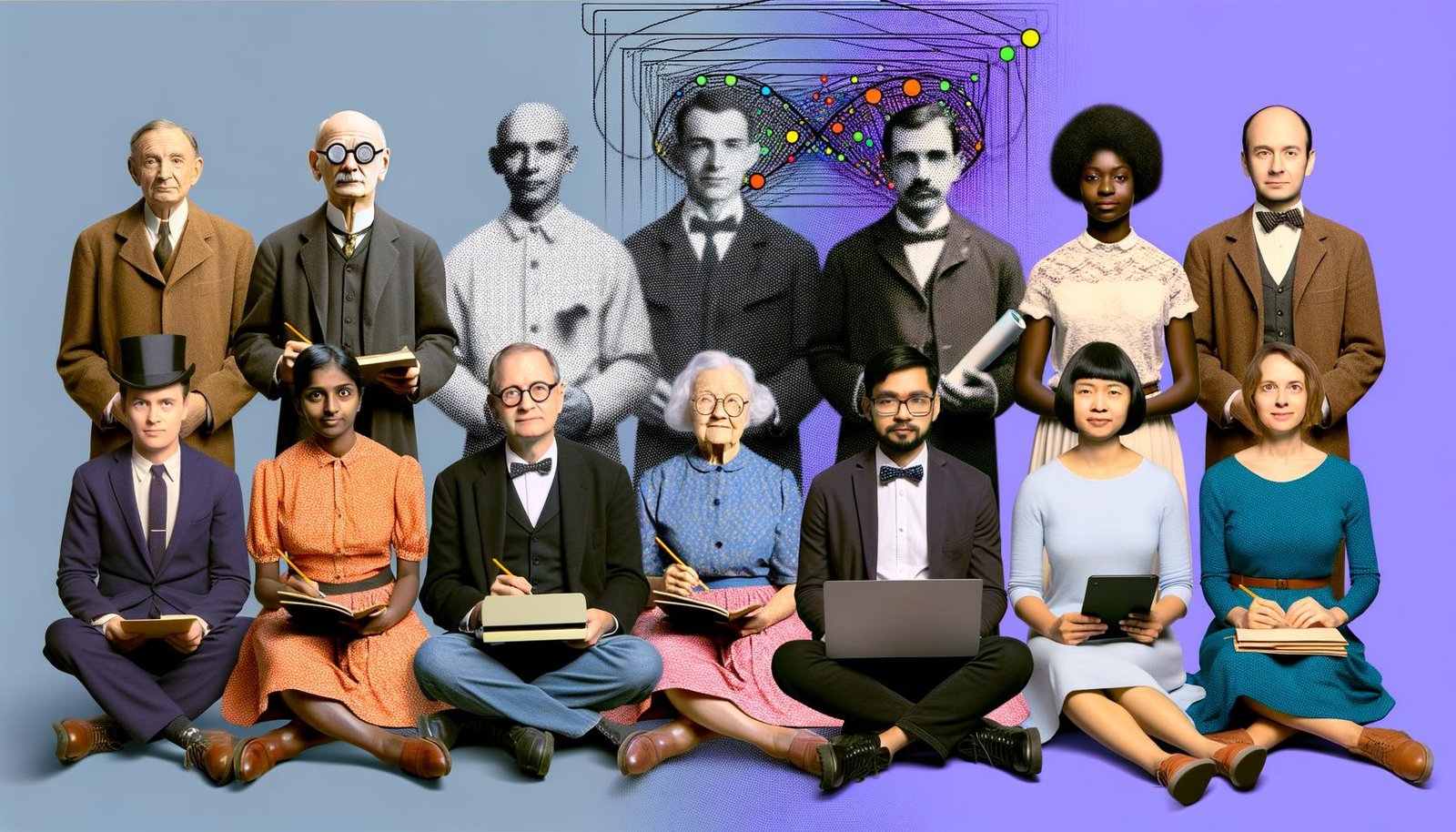 Collageartiges Porträt: KI-Pioniere Turing, McCarthy, Minsky, Shannon, Rosenblatt vorn; dahinter Hinton, LeCun, Bengio. Staffelübergabe mit neuronalen Netzwerkstrukturen, Datenströmen und GPUs.