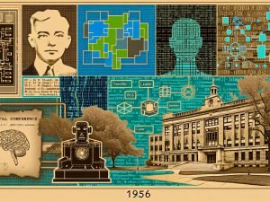 Editorial-Collage: KI-Meilensteine von Turing, McCulloch & Pitts und Perzeptron bis zu Transformern, GPUs, Chatbots und Vektordatenbanken; 1956/Dartmouth zentral, Sepia‑zu‑Türkis, Zeitstrahl 1943–2023.