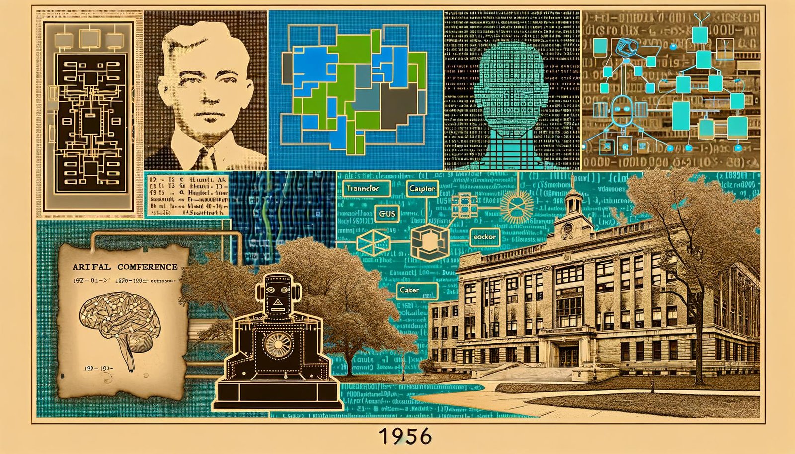 Editorial-Collage: KI-Meilensteine von Turing, McCulloch & Pitts und Perzeptron bis zu Transformern, GPUs, Chatbots und Vektordatenbanken; 1956/Dartmouth zentral, Sepia‑zu‑Türkis, Zeitstrahl 1943–2023.