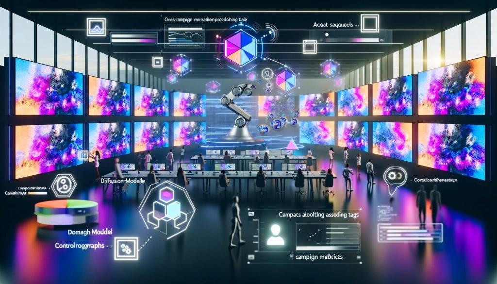 Dynamischer, futuristischer KI-Marketing-Workspace mit generativen Visuals, Hologramm-Dashboards, Roboterarm zum Digital-Asset-Management und Auto-Tagging; Overlays: Diffusion-Modelle, LoRA, ControlNet.