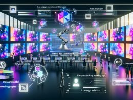 Dynamischer, futuristischer KI-Marketing-Workspace mit generativen Visuals, Hologramm-Dashboards, Roboterarm zum Digital-Asset-Management und Auto-Tagging; Overlays: Diffusion-Modelle, LoRA, ControlNet.