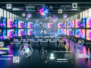 Dynamischer, futuristischer KI-Marketing-Workspace mit generativen Visuals, Hologramm-Dashboards, Roboterarm zum Digital-Asset-Management und Auto-Tagging; Overlays: Diffusion-Modelle, LoRA, ControlNet.