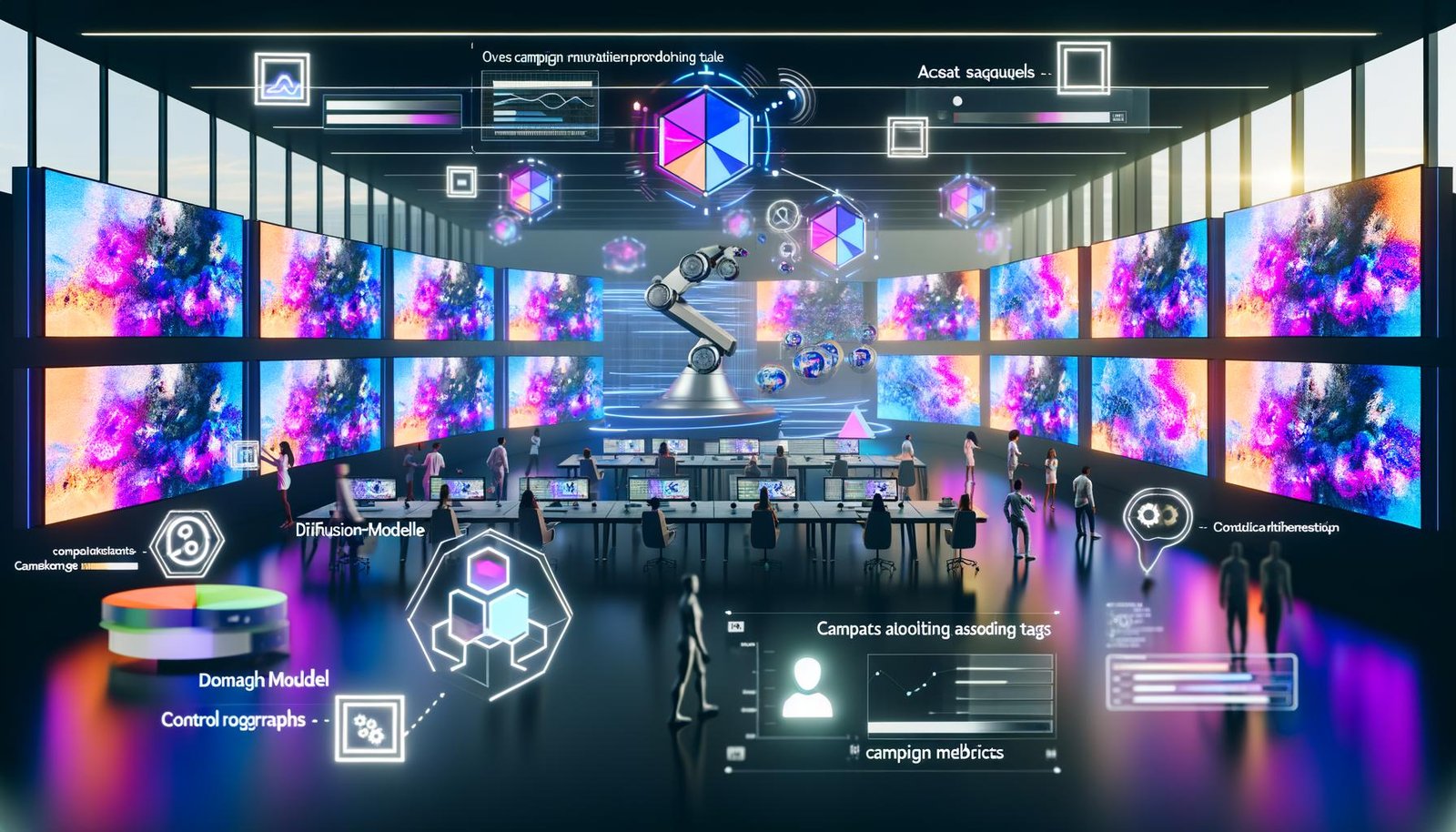Dynamischer, futuristischer KI-Marketing-Workspace mit generativen Visuals, Hologramm-Dashboards, Roboterarm zum Digital-Asset-Management und Auto-Tagging; Overlays: Diffusion-Modelle, LoRA, ControlNet.