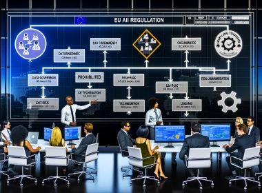 Fachleute im modernen Büro vor großem Dashboard zur EU-KI-Verordnung mit Roadmap der Risikoklassen, Compliance-Checklisten, Daten-Governance, CE-Kennzeichnung, Logging und Fristen 6/12/24/36.