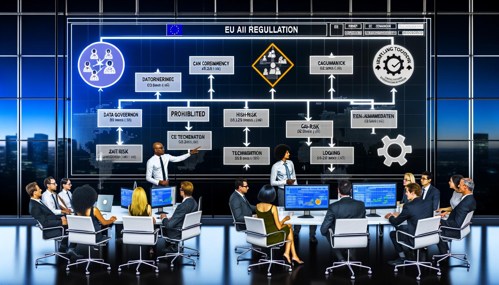 Fachleute im modernen Büro vor großem Dashboard zur EU-KI-Verordnung mit Roadmap der Risikoklassen, Compliance-Checklisten, Daten-Governance, CE-Kennzeichnung, Logging und Fristen 6/12/24/36.