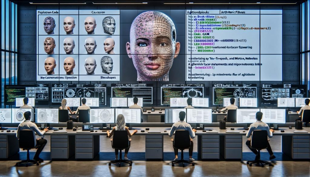 Futuristisches KI‑Labor mit Forschenden: fotorealistische Gesichter auf Displays, Code und 3D‑Kopfmodell; TTS, MoCap, perfekter Lippen‑Sync; Hologramme mit LLM, GAN, DSGVO.