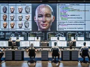 Futuristisches KI‑Labor mit Forschenden: fotorealistische Gesichter auf Displays, Code und 3D‑Kopfmodell; TTS, MoCap, perfekter Lippen‑Sync; Hologramme mit LLM, GAN, DSGVO.