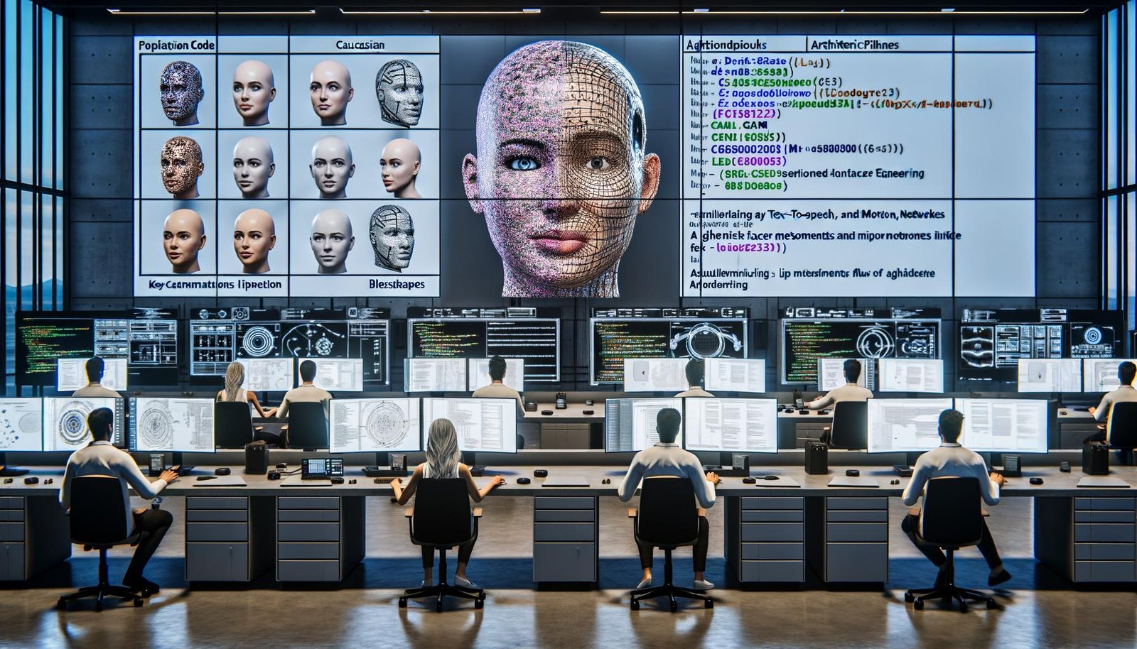 Futuristisches KI‑Labor mit Forschenden: fotorealistische Gesichter auf Displays, Code und 3D‑Kopfmodell; TTS, MoCap, perfekter Lippen‑Sync; Hologramme mit LLM, GAN, DSGVO.