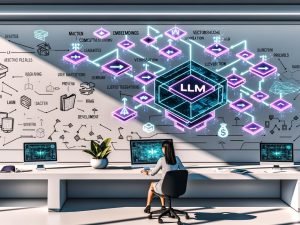 Person an modernem Schreibtisch blickt auf großes interaktives Display mit modularer Lernarchitektur (LLM, Embeddings, Vektorsuche, RAG); Tablet, Smartphone und Laptop zeigen Lern-Dashboards; Hologramme visualisieren adaptive Pfade, Analytik, Datenschutz und Governance im hellen Büro mit Pflanzen und Whiteboard.