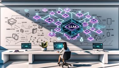 Person an modernem Schreibtisch blickt auf großes interaktives Display mit modularer Lernarchitektur (LLM, Embeddings, Vektorsuche, RAG); Tablet, Smartphone und Laptop zeigen Lern-Dashboards; Hologramme visualisieren adaptive Pfade, Analytik, Datenschutz und Governance im hellen Büro mit Pflanzen und Whiteboard.