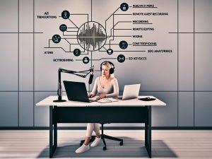 Host in modernem Podcast-Studio mit Shure SM7B am Gelenkarm, geschlossenen Kopfhörern, Laptop mit Wellenform-Editor, Notizblock mit Episodenplan und SEO-Keywords; an der Wand Workflow von Recherche bis Distribution, KI-Icons, automatische Transkription und Keyword-Cluster.